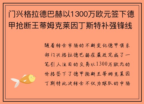 门兴格拉德巴赫以1300万欧元签下德甲抢断王蒂姆克莱因丁斯特补强锋线